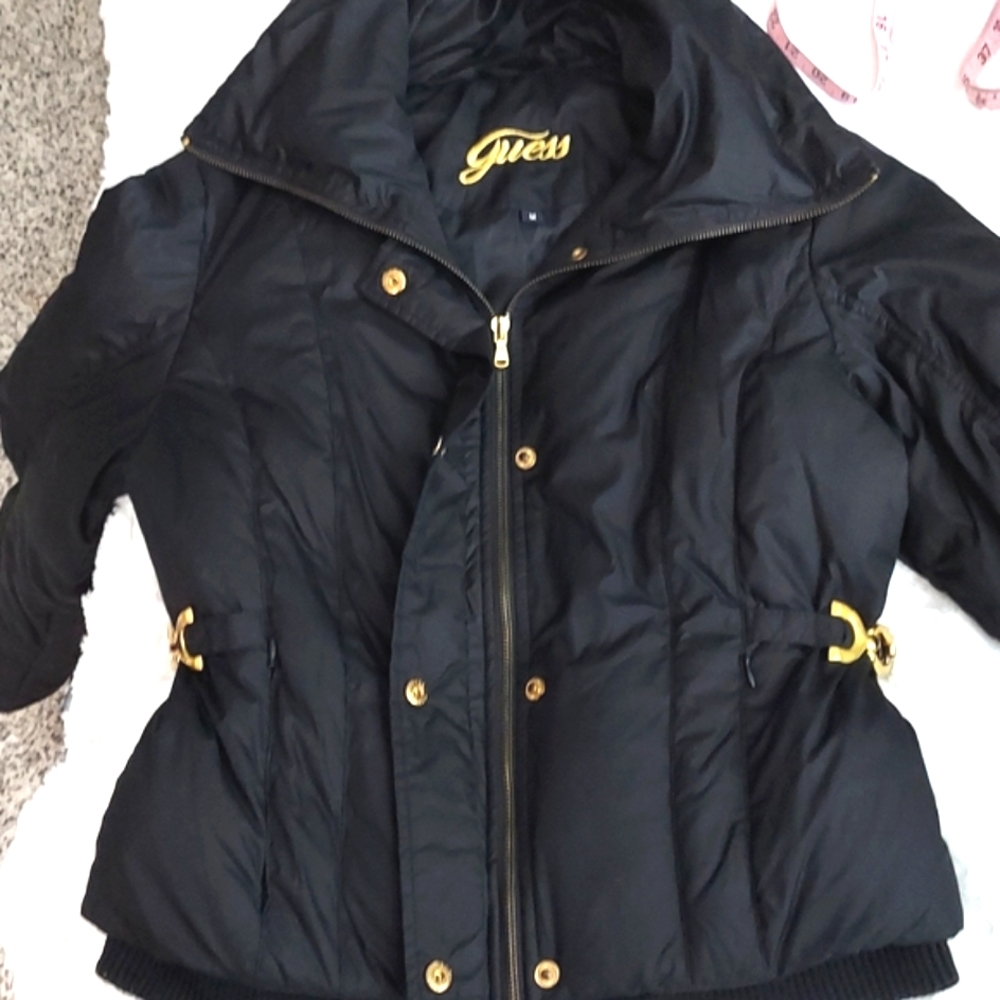 Guess Black Down Winter Puff Snap Zip Gold Button Jacket Sz M